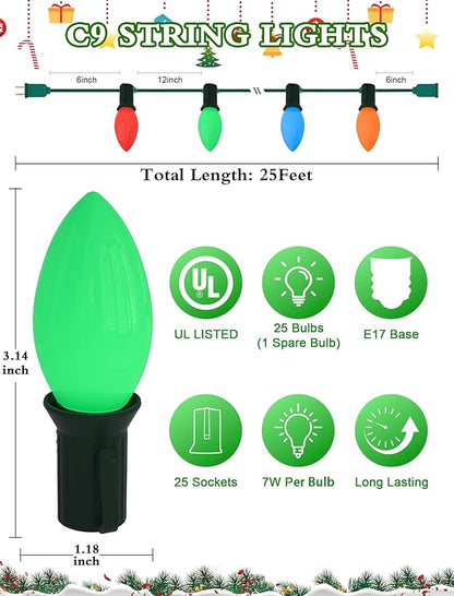 C9 Vintage Christmas String Lights with 26 Multicolor Ceramic Bulbs, 25FT Hanging Outdoor & Indoor String Lights for Christmas Tree Patio Roofline Decoration (Green Wire)