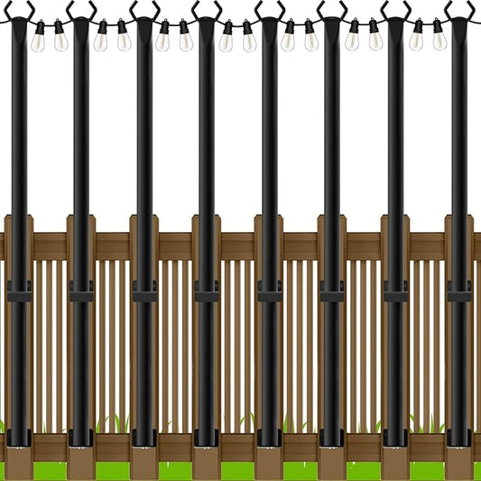 AILBTON 4.8Ft String Light Poles 8 Pack,Light Poles for Outside Lights,Outdoor with Fence Brackets Hanging Lights,Metal Stand Deck Patio Backyard