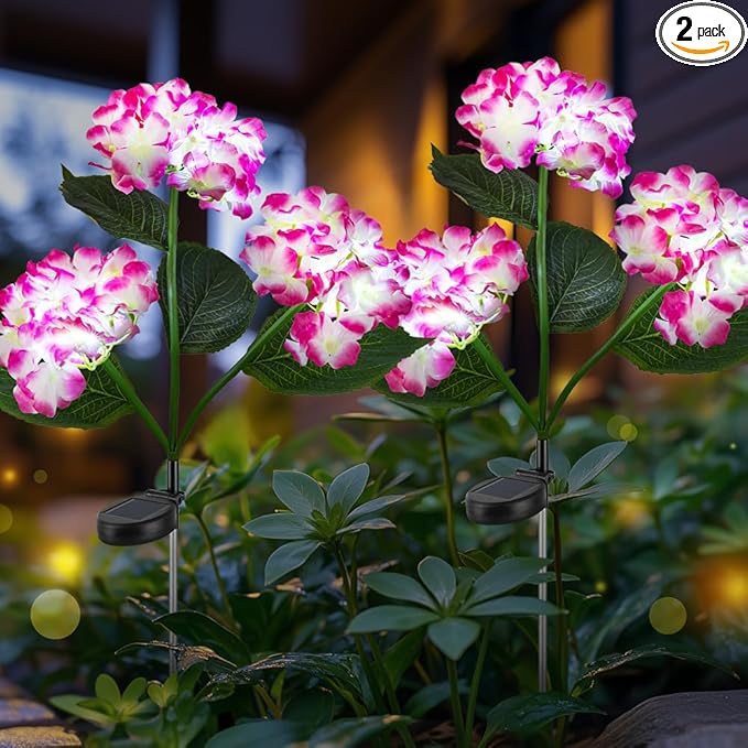 Solar Flower Lights, Solar Garden Lights, 2Pack IP65 Waterproof LED Hydrangea Stake Lights for Garden Decor Pathway Patio Yard (Pink)