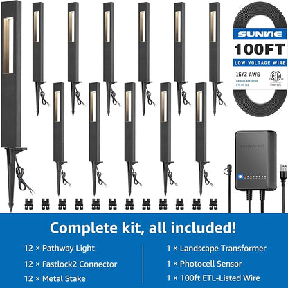 SUNVIE All-In-One LED Low Voltage Landscape Lighting Kit 12 Pack Low Voltage Pathway Lights with 60W Transformer ETL Listed 100FT Wire for Path Garden, Waterproof Pathway Lights Wired, 3000K, Aluminum