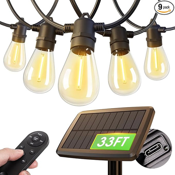 addlon 33FT (27+6) Solar String Lights for Outside Outdoor Waterproof with USB Port & Remote Control Solar Patio | Lumora