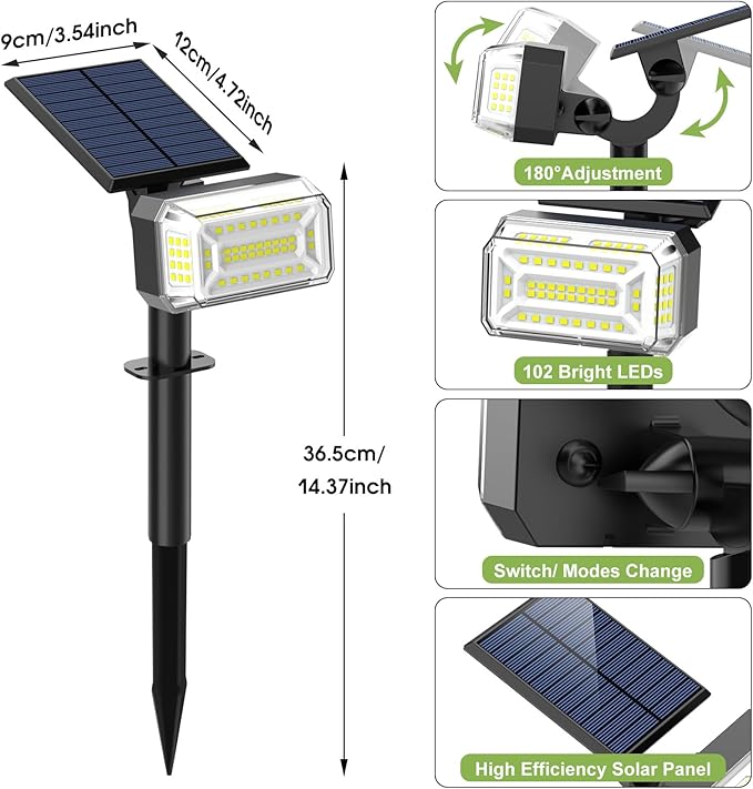 Solar Spot Lights Outdoor, 102 LED Solar Garden Yard Spotlight Waterproof Landscape Flood Powered Lights with | Lumora