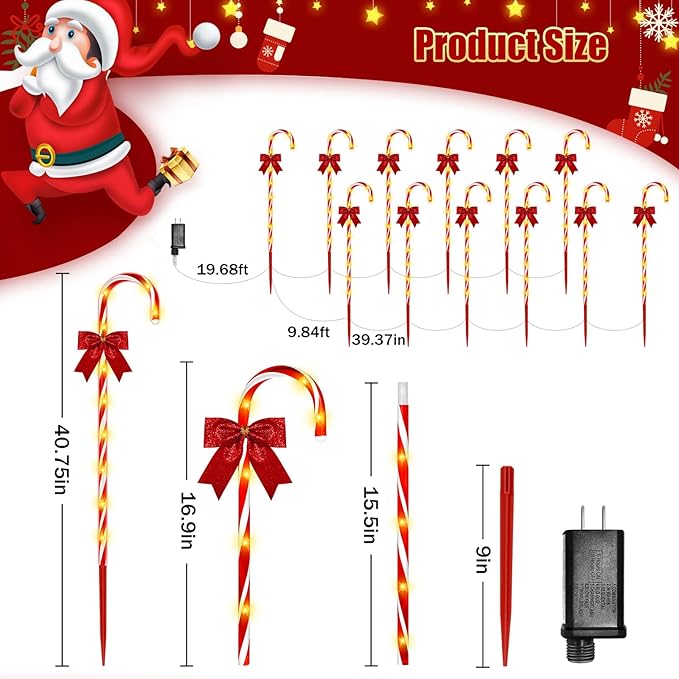 Christmas Candy Cane Pathway Lights, 24PCS 240 LED Christmas Lights Outdoor Decorations with Red Bow Waterproof, 8 Modes Timer Remote Walkway for Xmas Home Yard Lawn Patio Decor