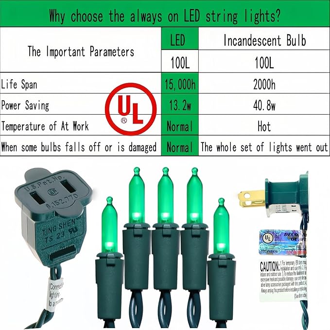 100 LED Green Christmas Lights, UL Certified and Commercial Decorative Lighting String 35 Ft Green Wire, for Indoor | Lumora