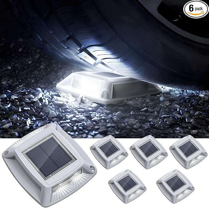 Solar Driveway Lights Outdoor 6 Pack, IP68 LED Solar Powered Waterproof Driveway Marker Deck Dock Lights for Dock Step Pathway Walkway Sidewalk Garden Yard Stair Marine (White)