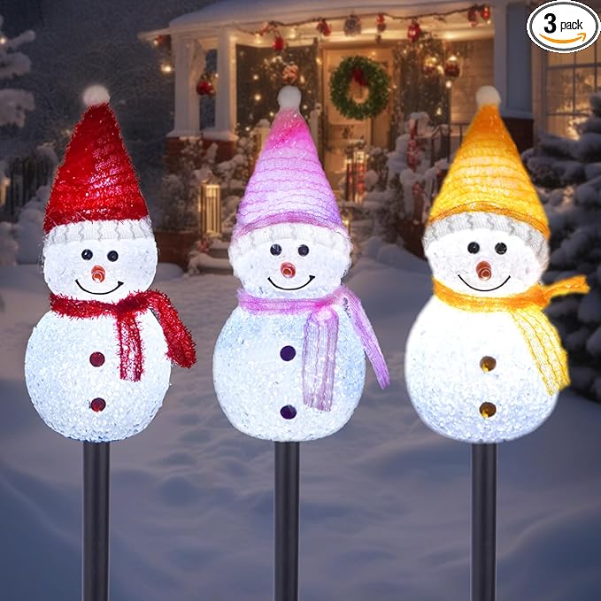 Solar Christmas Pathway Lights Outdoor Decor, Set of 3 Led Snowman Stake Lights, Waterproof Walkway Landscape Light for Winter Yard, Garden, Solar Christmas Decorations