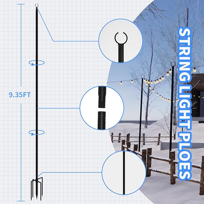 4 Pack 9.3Ft String Light Poles, Outside Metal Poles with Fork, Lighting Hanging Post Accessories for Patio Decor | Lumora