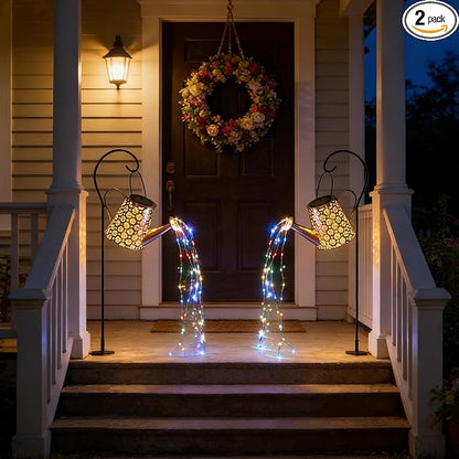 2 Pcs Solar Watering Can Lights, Hanging Solar Waterfall Lights Waterproof Outdoor Garden Decor Yard Art for Porch Landscape Patio, Gardening Gifts for Mom Grandma Women