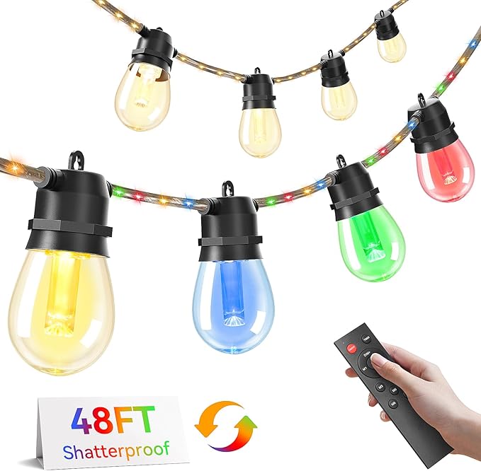 Brightever LED Outdoor String Lights Waterproof, RGBW 48FT Patio Lights with 15 S14 LED Bulbs, Heavy-Duty Outdoor Hanging Lights with Remote and Timer, Color Changing Christmas Decor for Yard, Plug-in