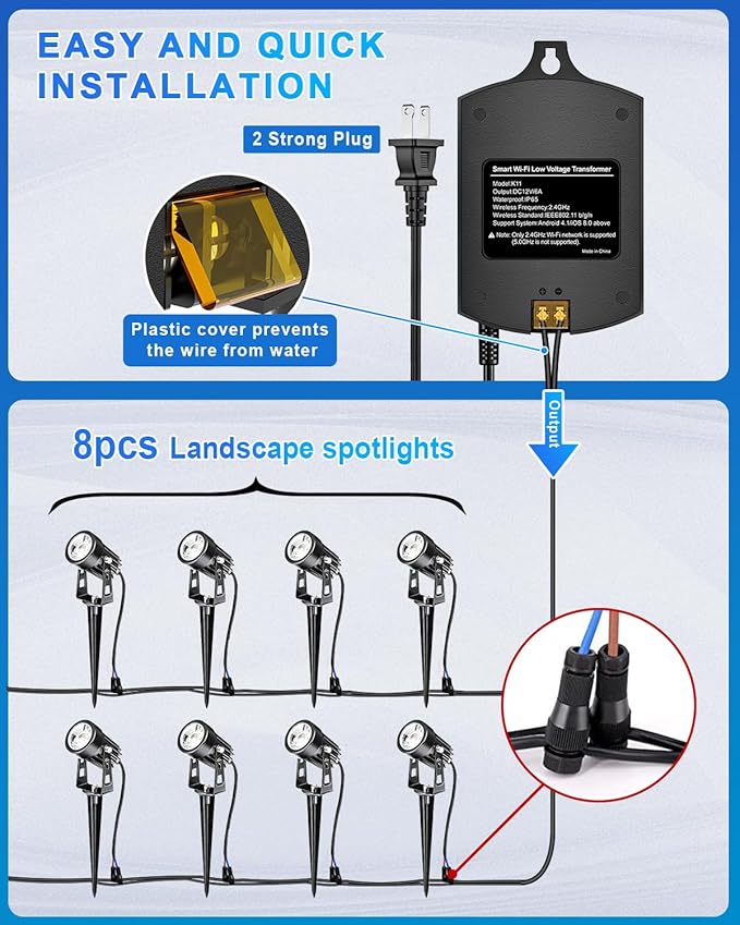 8-Pack Low Voltage Landscape Lighting Kit with WiFi 72W Transformer, 3W LED Spotlights with 65ft Cable, App and | Lumora