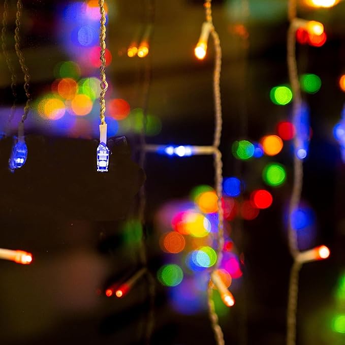 Dazzle Bright Christmas Icicle Lights, 88.5 FT 1080 LED 8 Modes Curtain Fairy Lights with 180 Drops, Xmas String Lights for Outdoor Holiday Wedding Party Decorations (Multi-Colored) (Pack of 2)
