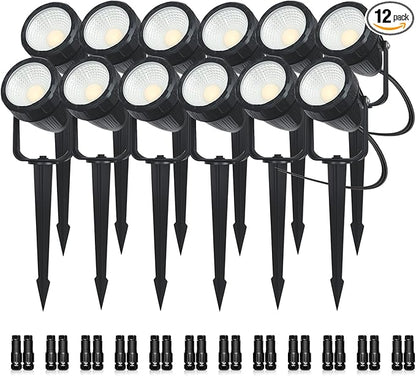 Low Voltage Safety Landscape Lights Outdoor: 7W 840LM LED Landscape Lighting with Connectors & Transformer for Tree Garden Yard Pathway | 24V Warm Yellow 3000K Spotlights | IP65 Waterproof | 12 Pack