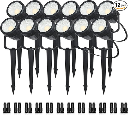 Low Voltage Safety Landscape Lights Outdoor: 7W 840LM LED Landscape Lighting with Connectors & Transformer for Tree Garden Yard Pathway | 24V Warm Yellow 3000K Spotlights | IP65 Waterproof | 12 Pack