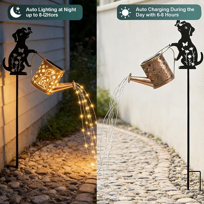 Outdoor Solar Dog Garden Decorative,Solar Watering Can with Light, Featuring Metal Dog Statue Silhouette Stake, Day | Lumora