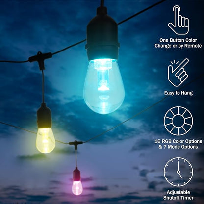 Outdoor String Lights - 50FT Color-Changing Patio Lights with Remote and Vintage-Style LED Edison Bulbs for Porch, Backyard, and Events by Pure Garden