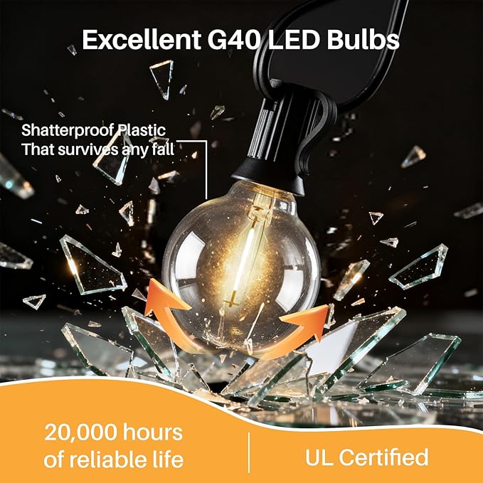50 FT Outdoor String Lights G40 Globe Shatterproof Patio Lights,26 Plastic Edison Bulbs(2 Spare) IP65 Waterproof Dimmable LED Bulbs for Backyard Porch Balcony Party Decor, E12 Base, 2700K