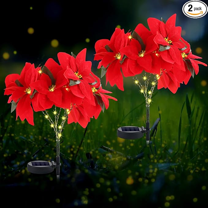 VIHOSE 2 Pcs Christmas Solar Poinsettia Lights Outdoor Artificial Flowers Landscape Waterproof Solar Poinsettia Lights for Yard Lawn Patio Garden Pathway Xmas Party Supplies (10 Flowers,Red)