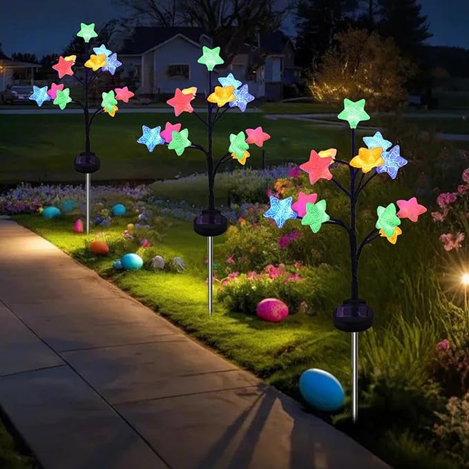 2 Pcs Solar Lights with Star Shape, Solars Garden Light with 2 Lighting Modes, Solar Stake Lights Outdoor Waterproof, Easter Decorations, Decorative Light for Garden Yard Lawn Pathway