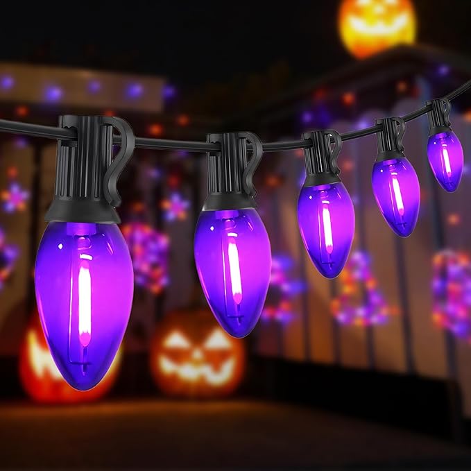 C7 Purple Christmas Lights Outdoor and Indoor 10ft - Halloween LED String Lights with 10 Vintage Bulbs, Waterproof Black Wire for Patio, Roofline, Xmas Tree, Holiday Decor
