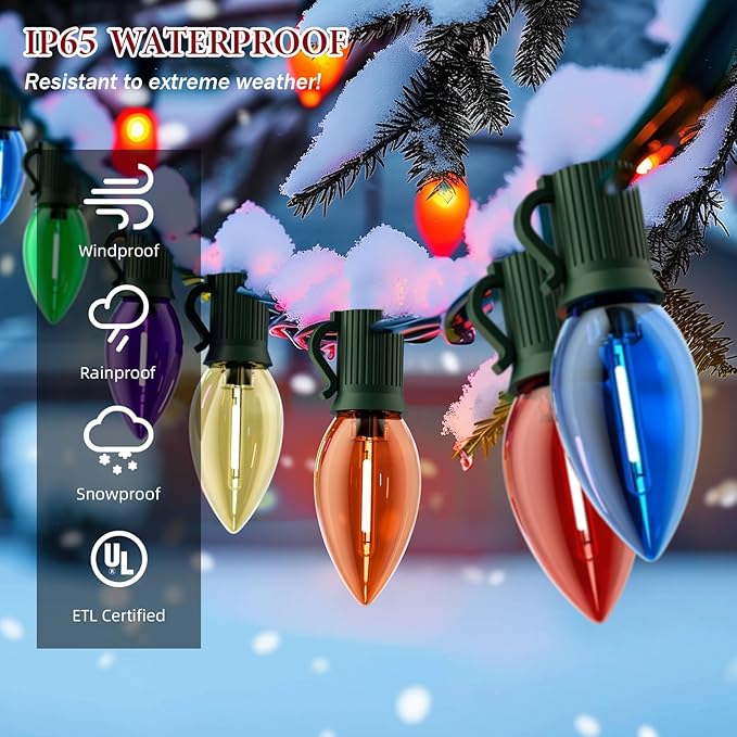 Kawaya Outdoor Christmas C9 LED Clear Tree Lights, 25ft 25 Bulbs Multi Colored Decoration, IP65 Commercial Waterproof Xmas String for Outside Roof House Walkway