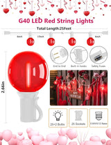 50Ft G40 LED Valentine's Day String Lights Outdoor, Valentines Decorations Lights with 27 Red Shatterproof Globe | Lumora