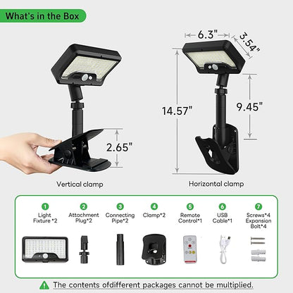 Clip On Solar Lights for Fence, 3CCT Motion Sensor Light with Adjustable Modes, 600LM IP65 Waterproof, Dusk to Dawn, 1500mAH USB Solar Powered for Garden, Camping - Black (2-Pack)