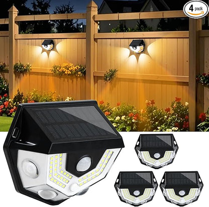 2-in-1 Solar Motion Lights, 270° Wide Angle Illumination Fence Lights, 3 Modes, 54LEDs White Light & 4LEDs Warm Light, IP64 Waterproof, Outdoor Wall Light for Pathway, Yard, Garden, 4 Pack