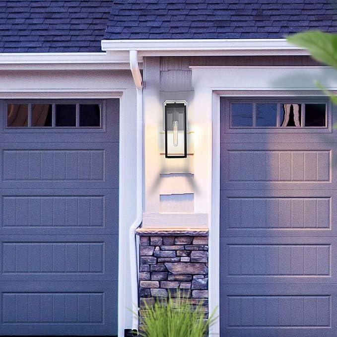 MICSIU 2 Pack Dusk to Dawn Outdoor Lighting, 14.5 Inch Modern Farmhouse Exterior Wall Sconce with Clear Glass, Industrial Black Outside Porch Lights for House Garage Entryway, E26 Base, ETL Listed