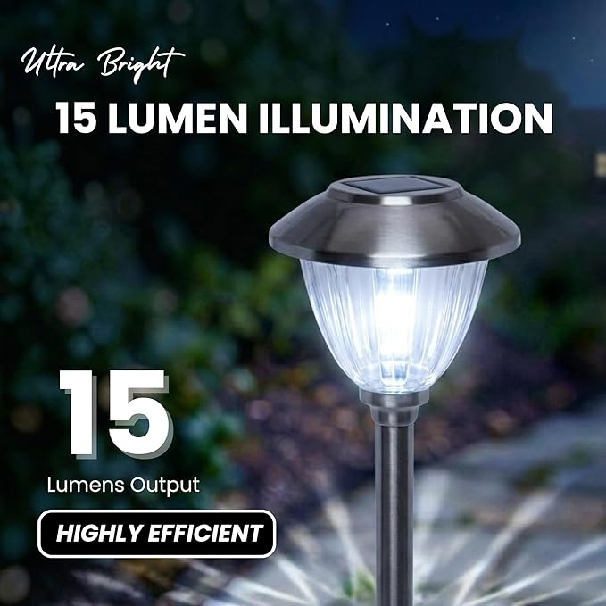 Energizer Outdoor Ground Lights - Pack 15 Lumen LED Lawn Lights, Solar Powered with Patterned Glass & Metal Finish, Easy to Install Waterproof Front Yard Lights for Decoration - Stainless Steel