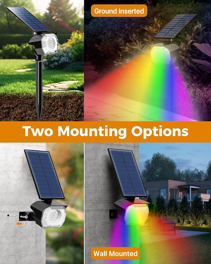 btfarm Solar Lights Outdoor Waterproof IP65-2 Pack LED Color Changing Spot Light 7 Lighting Color RGB Powered | Lumora