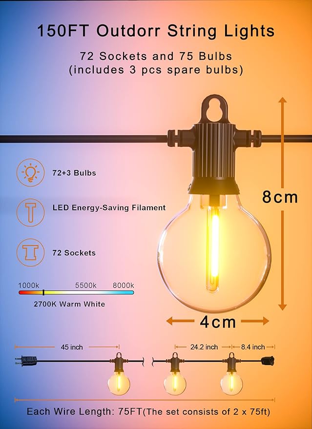 Outdoor String Lights, 150FT Patio Lights with 75 Shatterproof G40 Globe Bulb(3 Spare), Waterproof Connectable | Lumora
