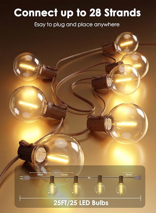 SUNSGNE 25FT Brown Outdoor String Lights, Shatterproof LED Globe String Lights with G40 Bulbs, Waterproof Connectable Hanging Light for Backyard Patio Porch Balcony Party Decor, E12 Base