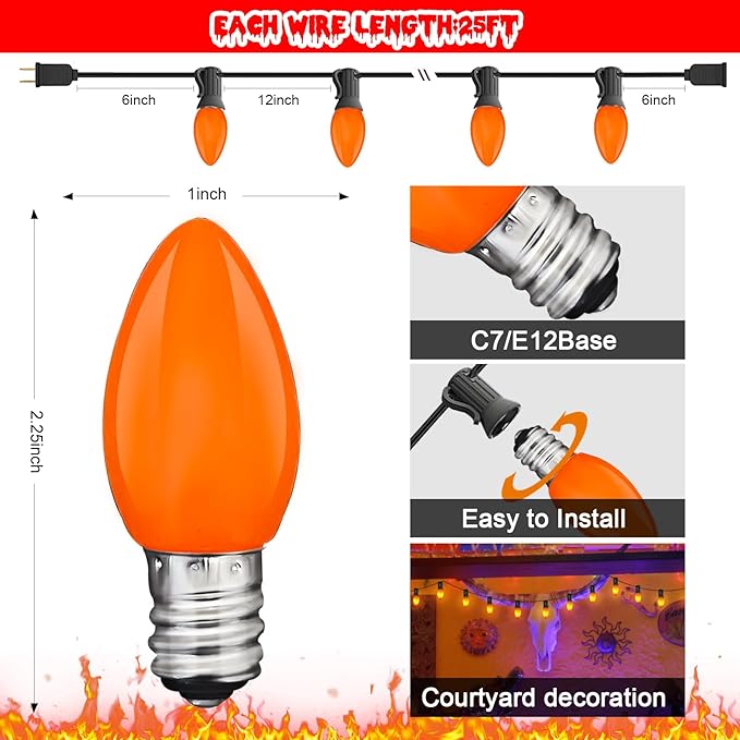 Abeja Halloween C7 Orange String Lights 25Ft Outdoor Orange String Lights with 27 Orange Bulbs (2 Spare), Orange Halloween Lights Great for Home Yard Camper Party Lights