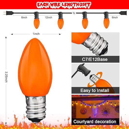 Abeja Halloween C7 Orange String Lights 25Ft Outdoor Orange String Lights with 27 Orange Bulbs (2 Spare), Orange Halloween Lights Great for Home Yard Camper Party Lights
