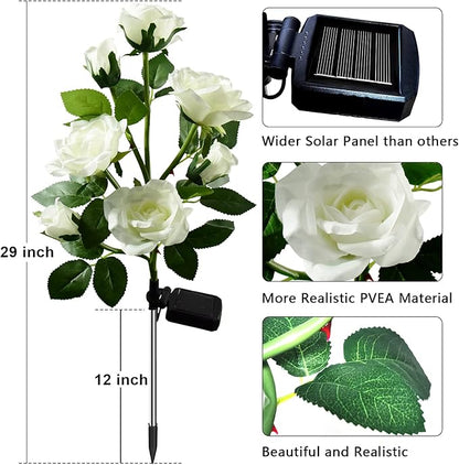Upgraded 4 Pack White Outdoor Solar Powered 7 Rose Flowers Garden Stake Light, LED Solar Powered Light Decorative Flower Lamp, Waterproof Solar Decorative Light for Garden Yard Patio Pathway Light