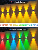 Solar Fence Lights,6 Pack Solar Lights Outdoor Warm White+RGB Up & Down Waterproof 100 Lumens Dusk to Dawn for | Lumora