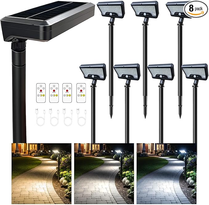 Solar Motion Sensor Lights Outdoor Pathway, Warm & Daylight 3000k/5000k/7000k Path Light IP65 Waterproof, 3 Modes Black Walkway Lighting with Remote Control for Driveway Garden (8 Pack)