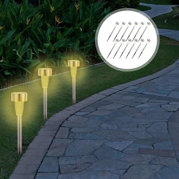 12pcs Solar Lawn Pathway Lights Stainless Steel Warm White Outdoor Garden Yard Solar-Powered Landscape Stake | Lumora