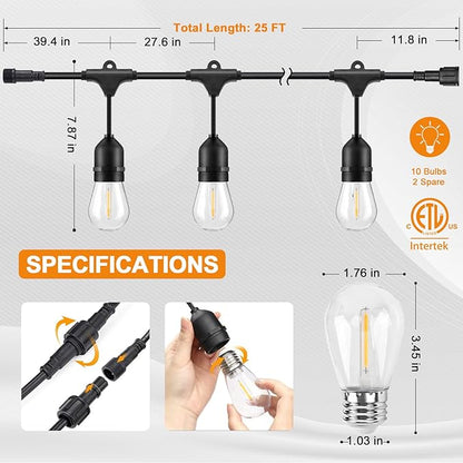 EAGLE PEAK 25 FT S14 Solar-Powered String Lights, IP65, 10 Shatterproof Edison Vintage Bulbs (2 Spare) for Outdoors, 10 Hanging Sockets, Decorative Lights for Patio, Garden, Wedding, Party, and Pool
