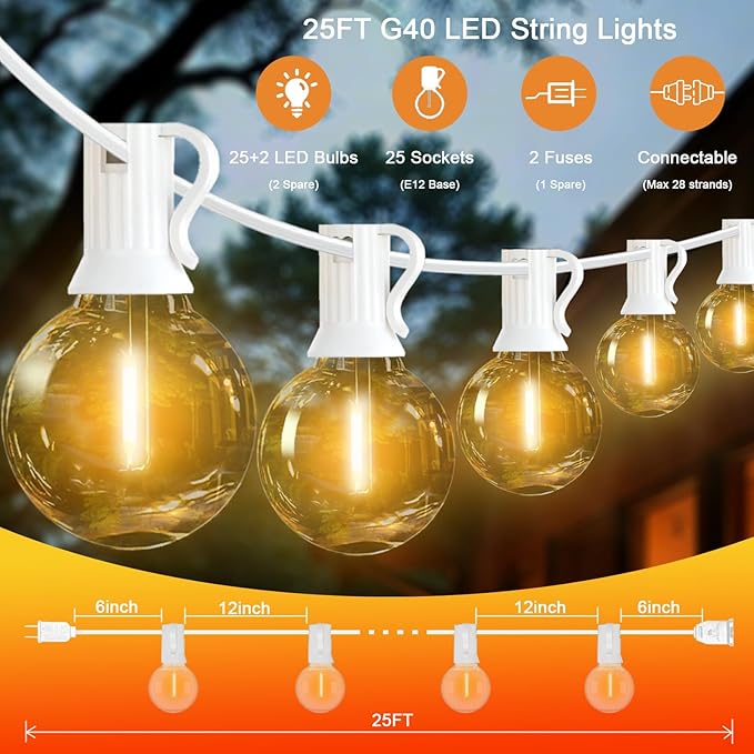 G40 LED Globe Outdoor String Lights 25FT, Waterproof & Shatterproof with 25 Clear Plastic Bulbs (2 Spare), for Cafe Bistro Porch Garden Balcony Party Decor (Warm White-White, 25FT)