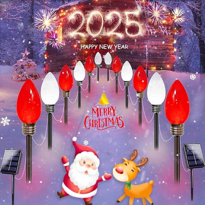 Jumbo C9 Christmas Decorations Outdoor Waterproof, 12 Pack Red And White Solar Christmas Lights Outdoor With Pathway Stakes, Solar Powered Lights For Outside Yard Lawns Garden Christmas Decorations
