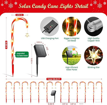 24 Pack Christmas Decorations Outdoor Solar Candy Cane Lights, 144 LEDs, 10 Modes, Waterproof, USB Rechargeable, Perfect for Yard, Garden, Pathway