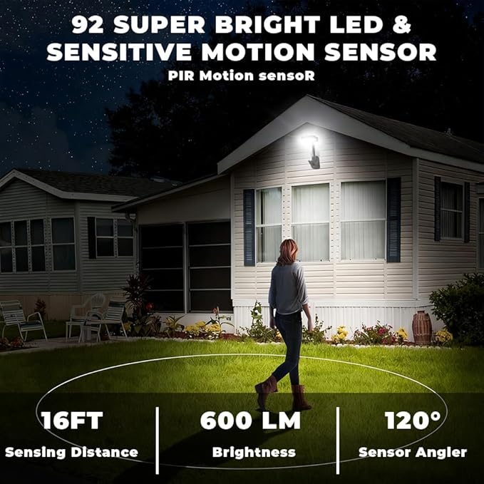 2PCS Clip On Solar Lights Outdoor with Motion Sensor,360°Rotatable & Vertically Adjustable,92 LEDs 600LM Solar Fence Lights Outdoor Waterproof LED, for Chain Link Fence,Deck, Gutter,Camping