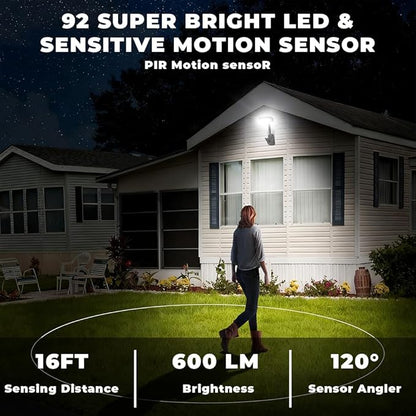 2PCS Clip On Solar Lights Outdoor with Motion Sensor,360°Rotatable & Vertically Adjustable,92 LEDs 600LM Solar Fence Lights Outdoor Waterproof LED, for Chain Link Fence,Deck, Gutter,Camping