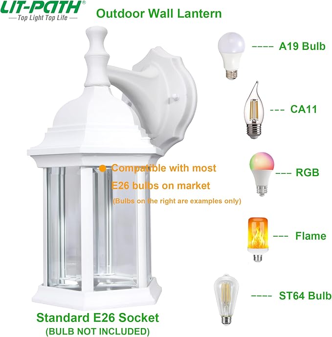 LIT-PaTH Outdoor Wall Lantern, Wall Sconce as Porch Lighting Fixture, E26 Medium Base Max 60W, Aluminum Housing | Lumora