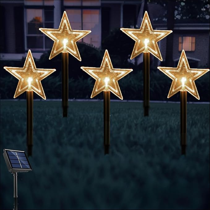 Solar Christmas Pathway Lights, 5 Pack Solar Christmas Decor Star Lights Outdoor Waterproof Stake Lights Garden Decorative Lights Walkway Lights for Landscape Yard Lawn Patio Wedding Party(Warm White)