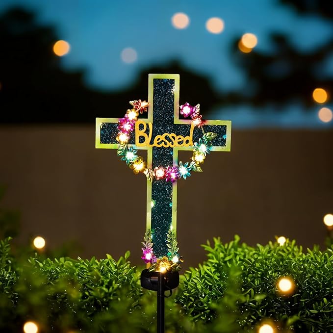 Solar Cross Stake for Cemetery Grave, Memorial Grave Decoration with Flowers and LED Light, Outdoor Solar Cross for Lawn Garden Pathway Decor (Blue)