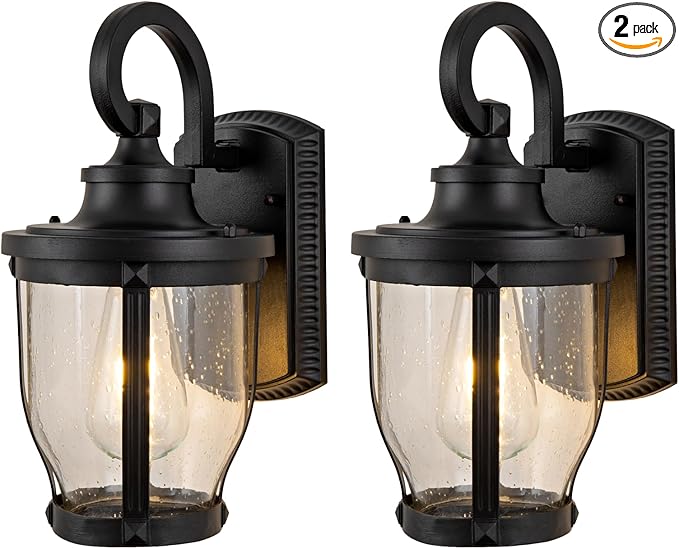 Outdoor Wall Light Fixtures 2packs Exterior Porch Lights 12.7" Lantern Sconce with Seeded Glass Shade Wall Mount Outside Lights for Garage Front Door Pathways Balcony Patio Cafes Black