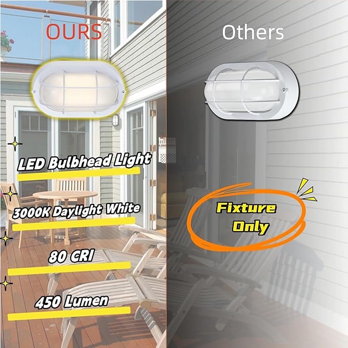 WISBEAM 2 Pack LED Bulkhead Light, Outdoor LED Wall Light for House, Dimmable, 6W Replace 60W, 450 Lumen 3000K Daylight White 80CRI, Waterproof, ETL Rated