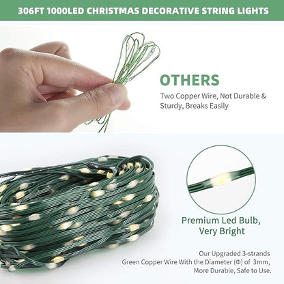 Tcamp 306FT 1000 LED Green Christmas Lights, 8 Modes Christmas Tree Lights with Timer Memory Function, Green Wire Starry Fairy String Light for Xmas Tree Outdoor Indoor Decor